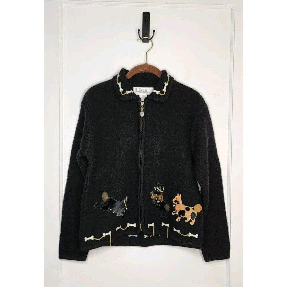 Cute 90s Boiled Wool Full Zip Cardigan Dogs Bones Lisa International Sz Petite M